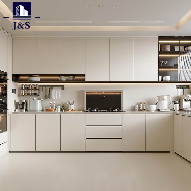 Cream White Cabinet မီးဖိုချောင်အခန်း သိုလှောင်မှုဒီဇိုင်း